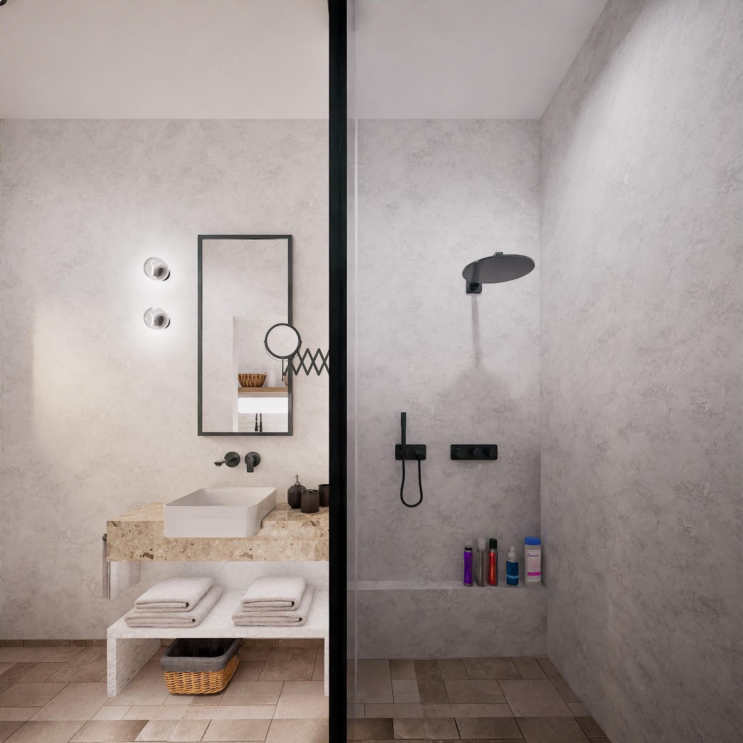 The walk-in shower.