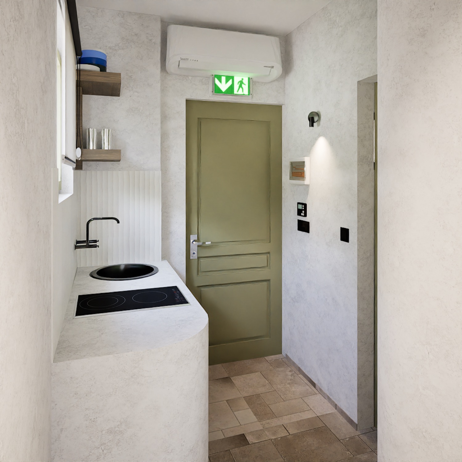 From the door, into the room.
