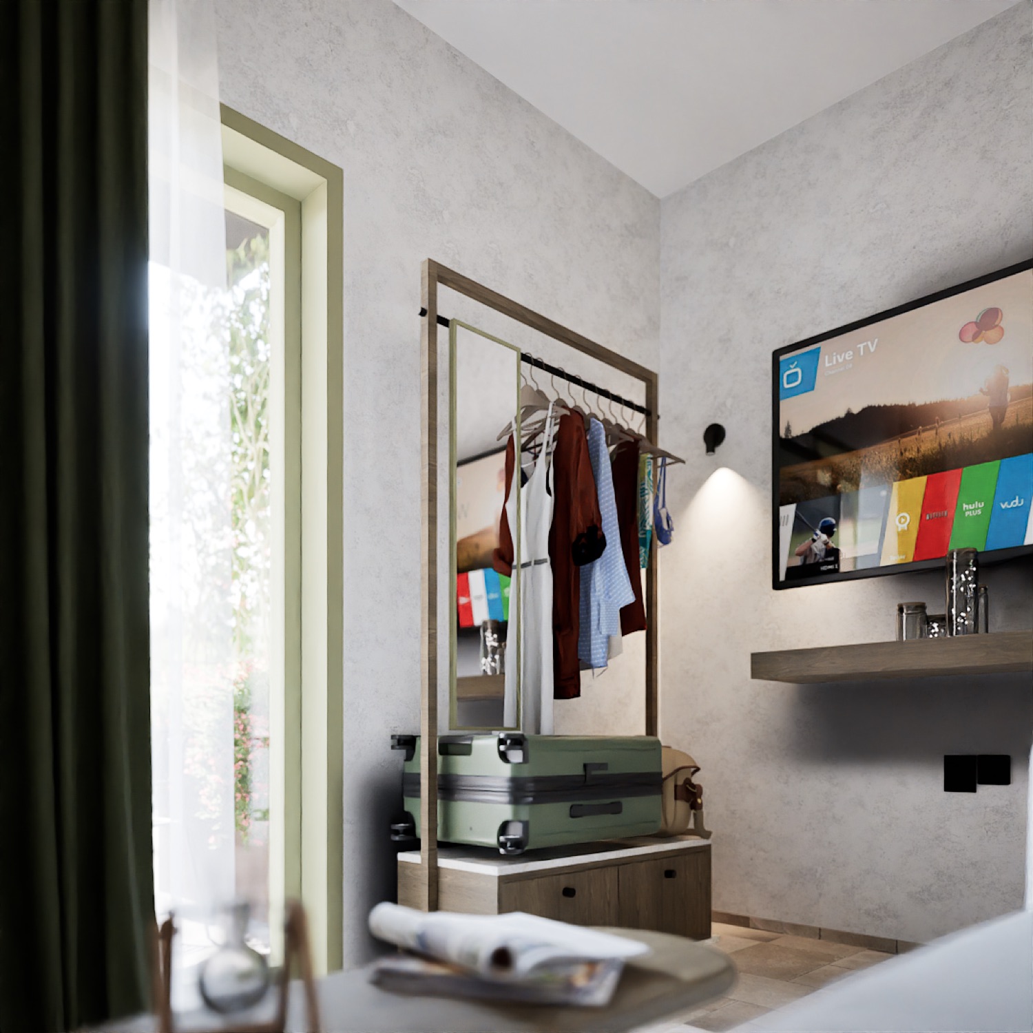 A day in the room — tall doors, bougainvillea